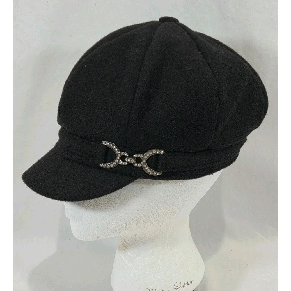 Y2K Angela & William Black Newsboy Cap Baker Boy Gatsby Elastic OS Wool Blend